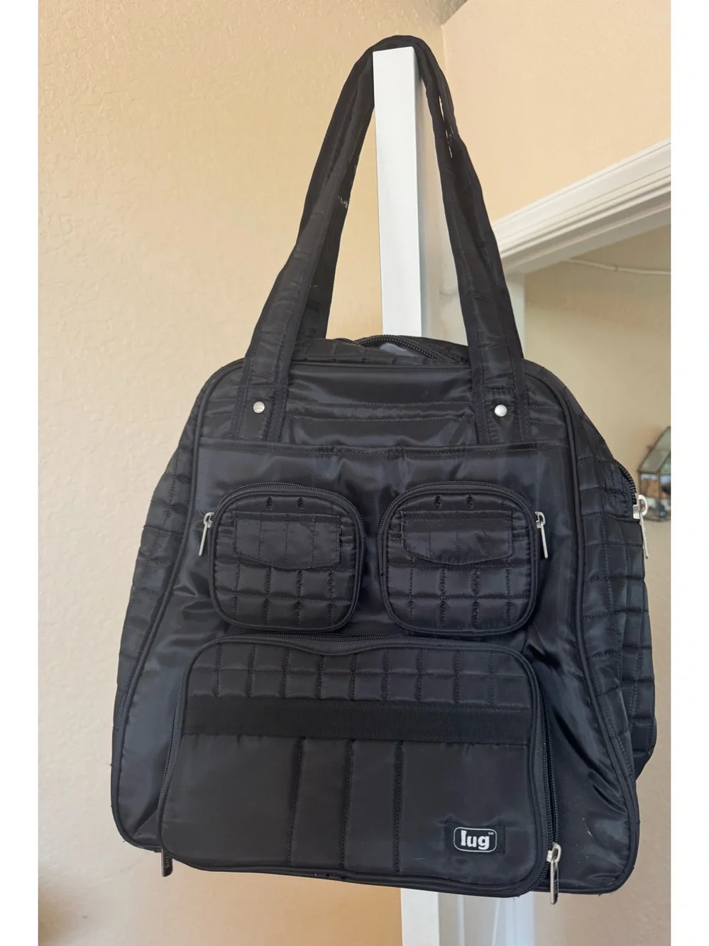 lug Black Quilted Duffel Tote Bag with lots of Pockets